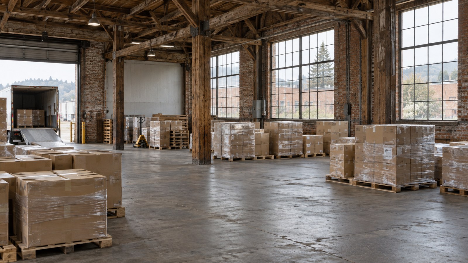Illustrative brick-and-timber warehouse loading area with palletized goods